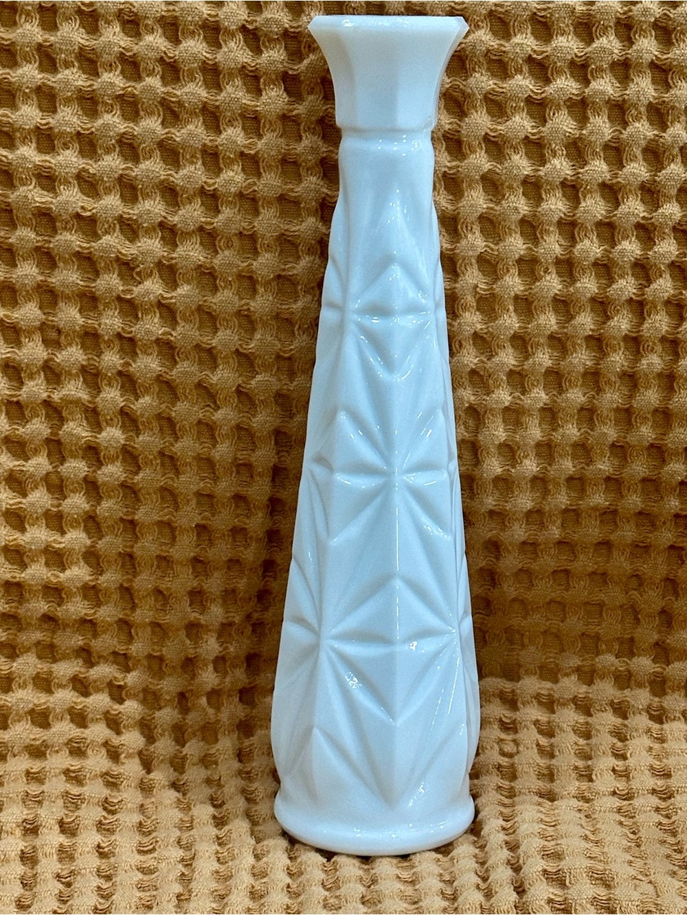 1960s Milk Glass Geometric Star Flower Bud Vase 9”